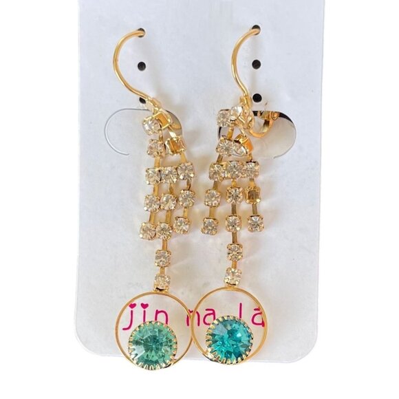 Dangling Gold-Plated Earrings w/Aqua and Clear Rhinestone Accents by Jin na la - Picture 7 of 7